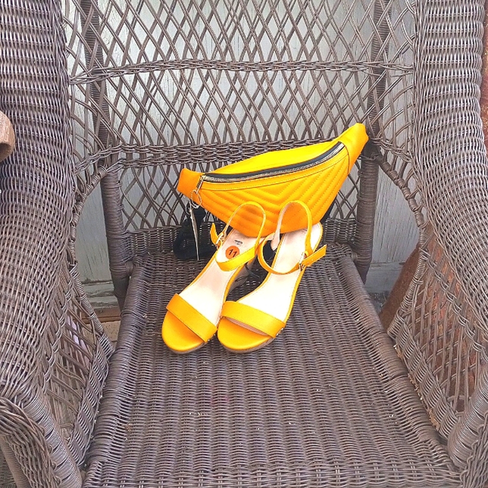 Mustard nine west wedges and waist pack
